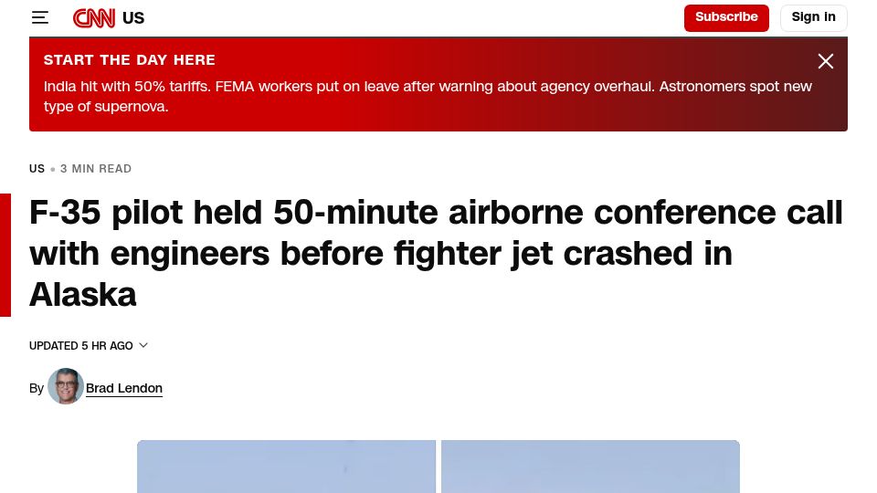 Screenshot of cnn.com: F-35 pilot held 50-minute airborne conference call with engineers before crash