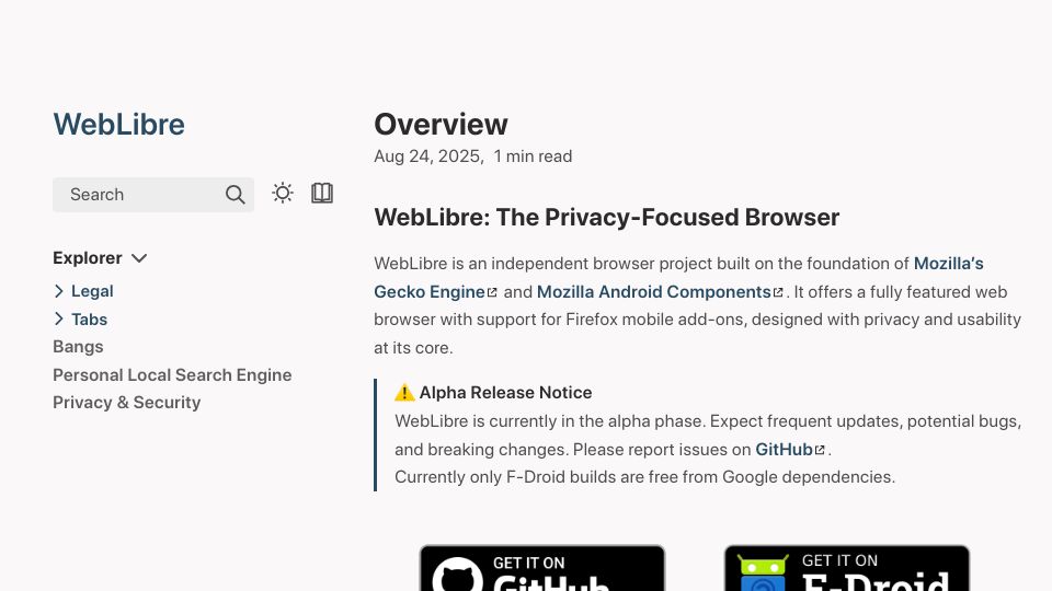 Screenshot of docs.weblibre.eu: WebLibre: The Privacy-Focused Browser