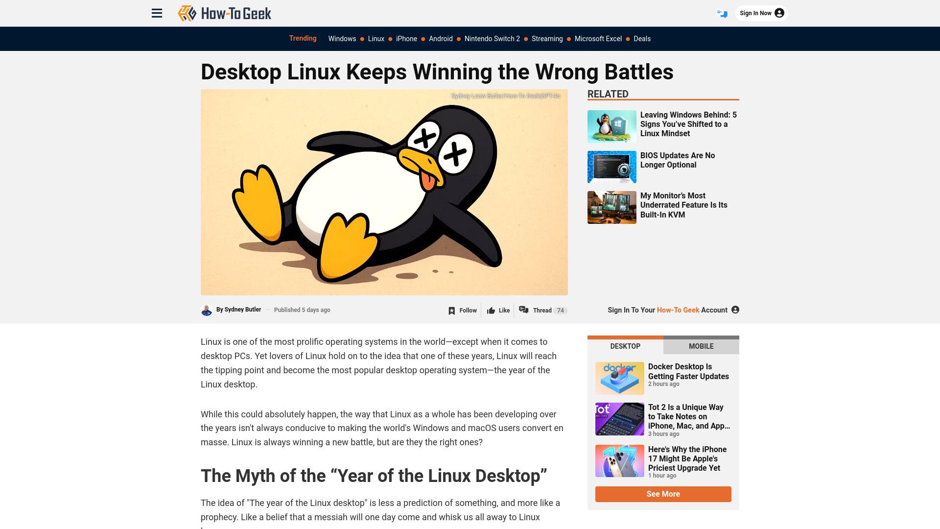 Screenshot of howtogeek.com: Desktop Linux Keeps Winning the Wrong Battles