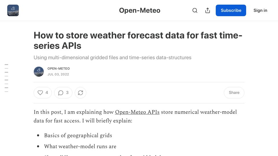 Screenshot of openmeteo.substack.com: How to store weather forecast data for fast time-series APIs (2022)