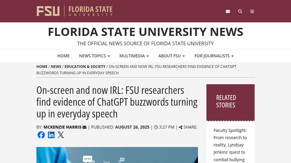Screenshot of news.fsu.edu: Researchers find evidence of ChatGPT buzzwords turning up in everyday speech