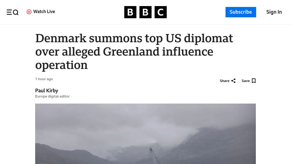 Screenshot of bbc.com: Denmark summons top US diplomat over alleged Greenland influence operation