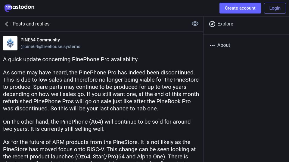 Screenshot of social.treehouse.systems: PinePhone Pro [GNU/Linux smartphone] has been discontinued