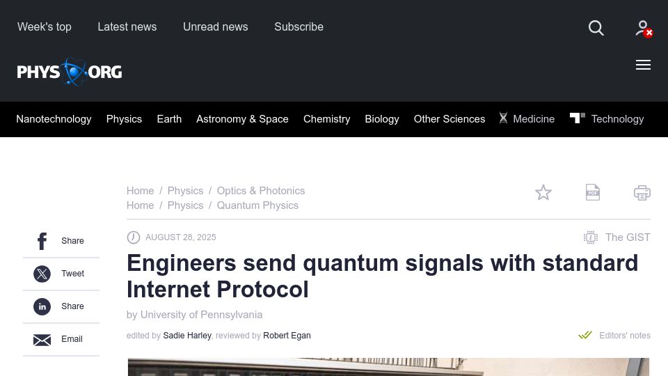 Screenshot of phys.org: Engineers send quantum signals with standard Internet Protocol