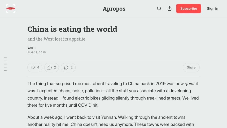 Screenshot of apropos.substack.com: China is eating the world