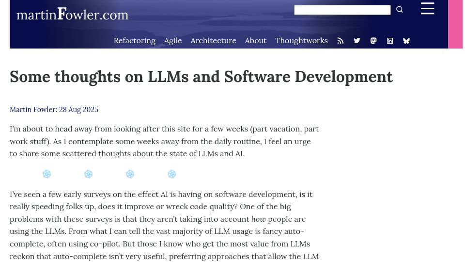 Screenshot of martinfowler.com: Some thoughts on LLMs and software development