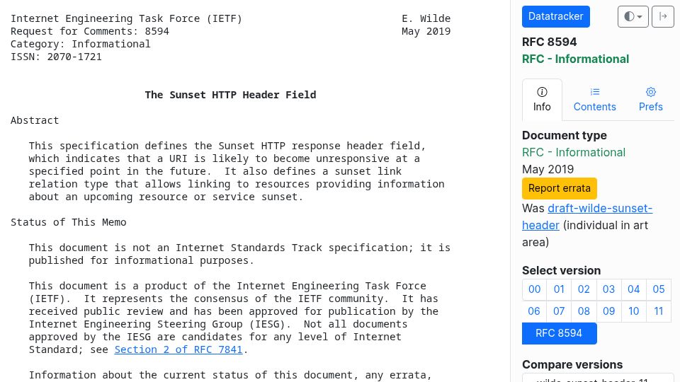 Screenshot of datatracker.ietf.org: RFC 8594: The Sunset HTTP Header Field (2019)