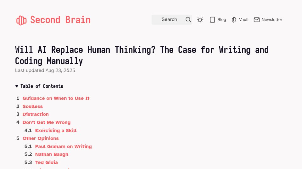 Screenshot of ssp.sh: Will AI Replace Human Thinking? The Case for Writing and Coding Manually