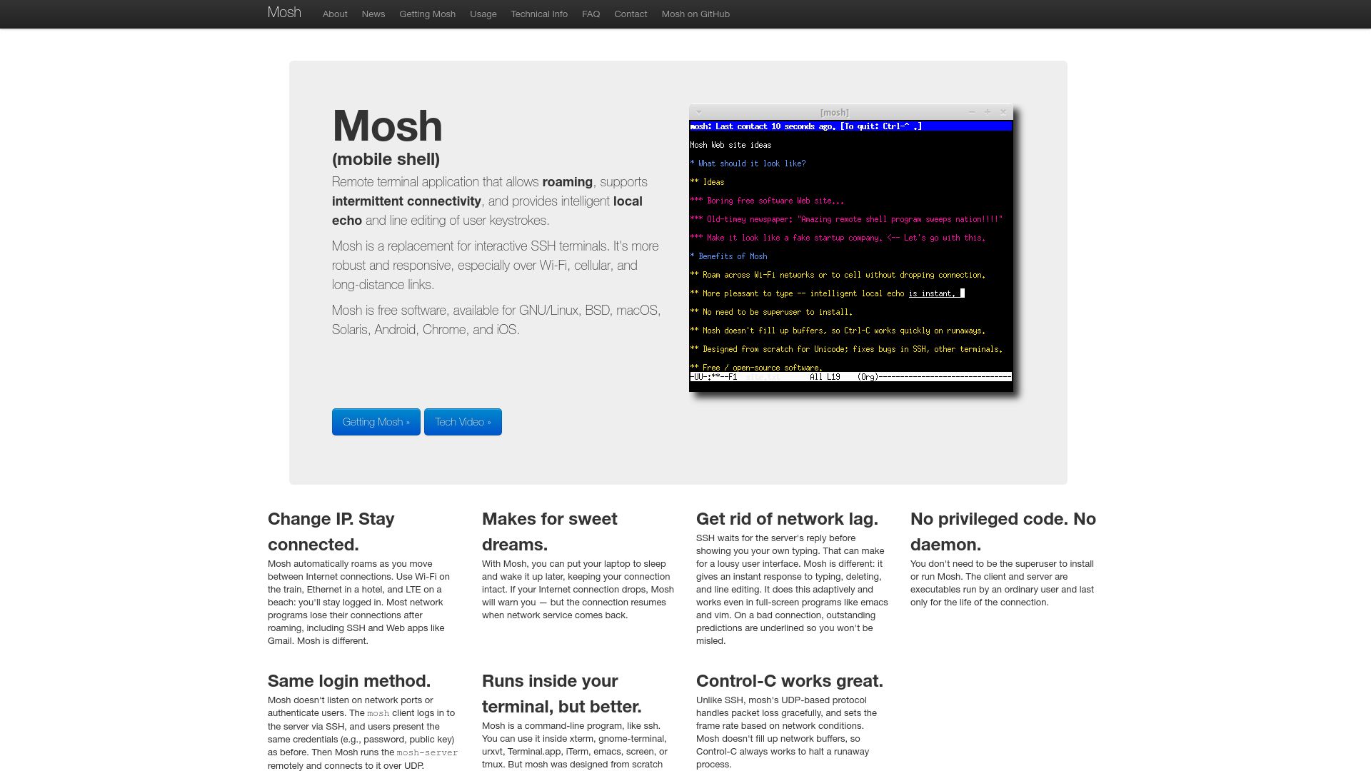 Screenshot of mosh.org: Mosh Mobile Shell