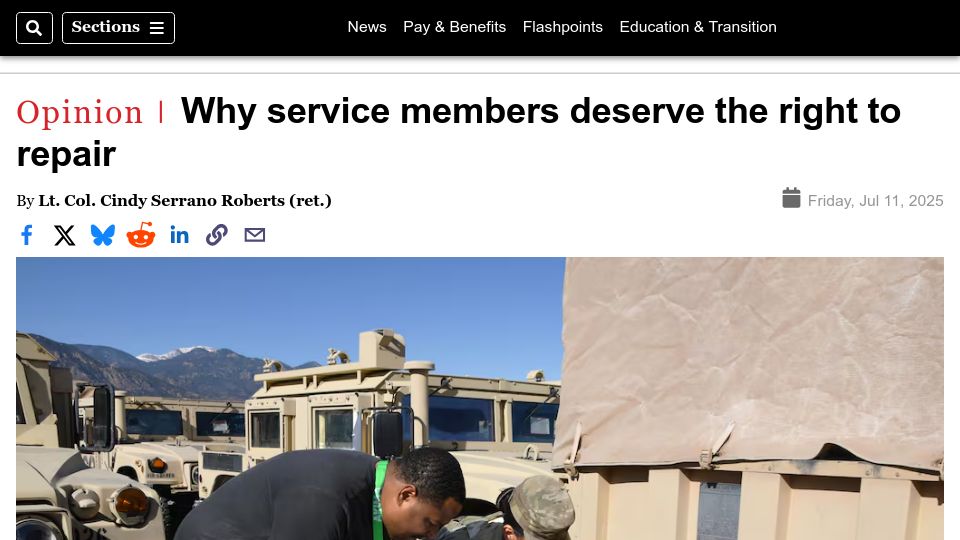 Screenshot of militarytimes.com: Service members deserve the right to repair