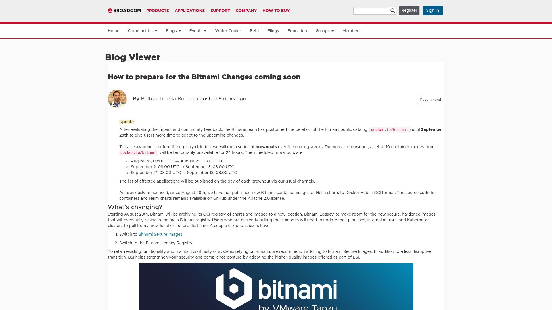 Screenshot of community.broadcom.com: The Deletion of Docker.io/Bitnami
