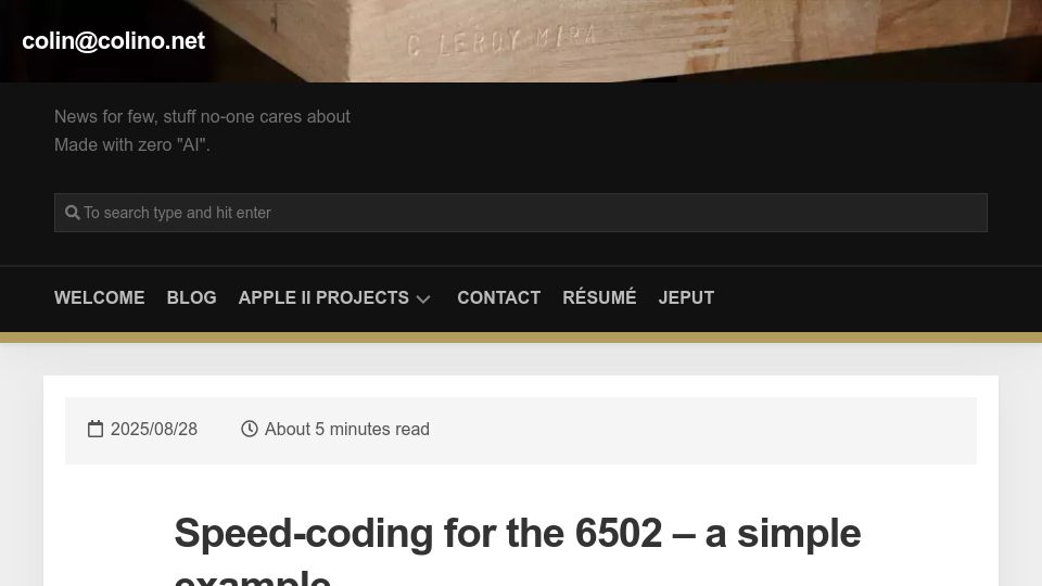 Screenshot of colino.net: Speed-coding for the 6502 – a simple example