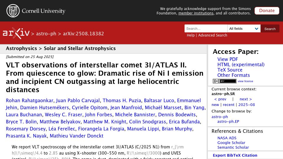 Screenshot of arxiv.org: VLT observations of interstellar comet 3I/ATLAS II