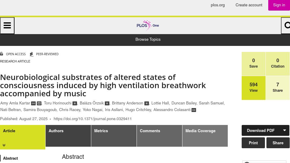 Screenshot of journals.plos.org: Altered states of consciousness induced by breathwork accompanied by music