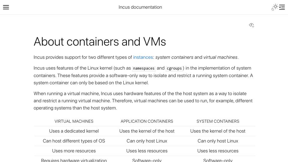 Screenshot of linuxcontainers.org: About Containers and VMs