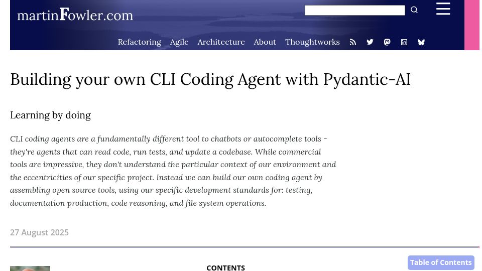 Screenshot of martinfowler.com: Building your own CLI coding agent with Pydantic-AI