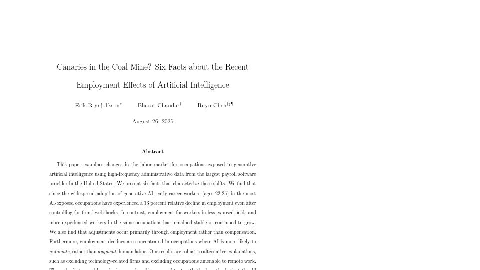 Screenshot of digitaleconomy.stanford.edu: Canaries in the Coal Mine? Recent Employment Effects of AI [pdf]
