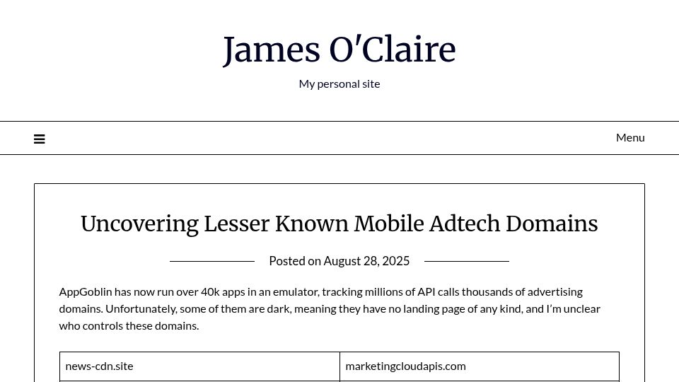Screenshot of jamesoclaire.com: Lesser known mobile adtech domains where data is sent