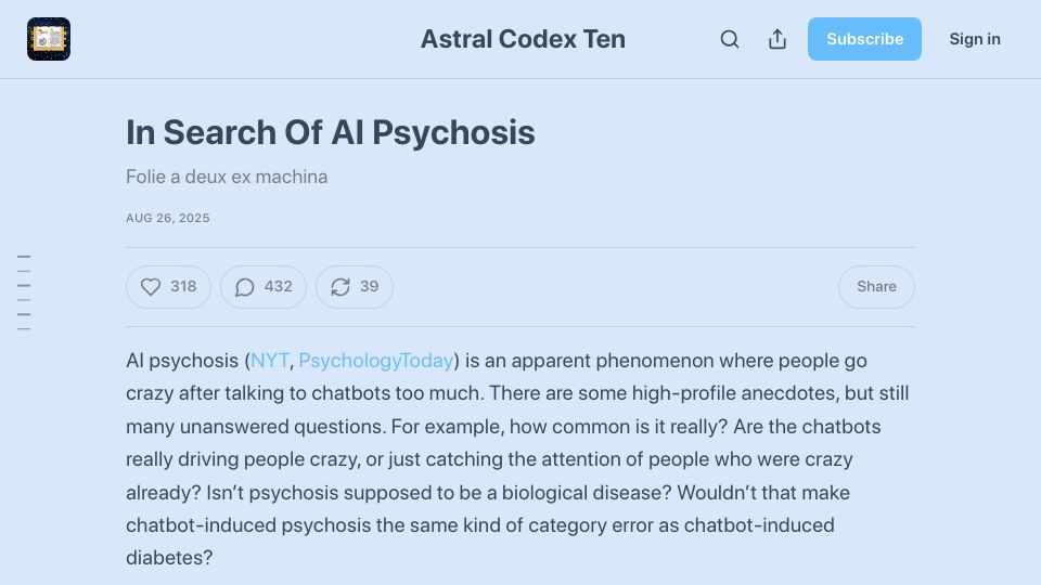 Screenshot of astralcodexten.com: In Search of AI Psychosis