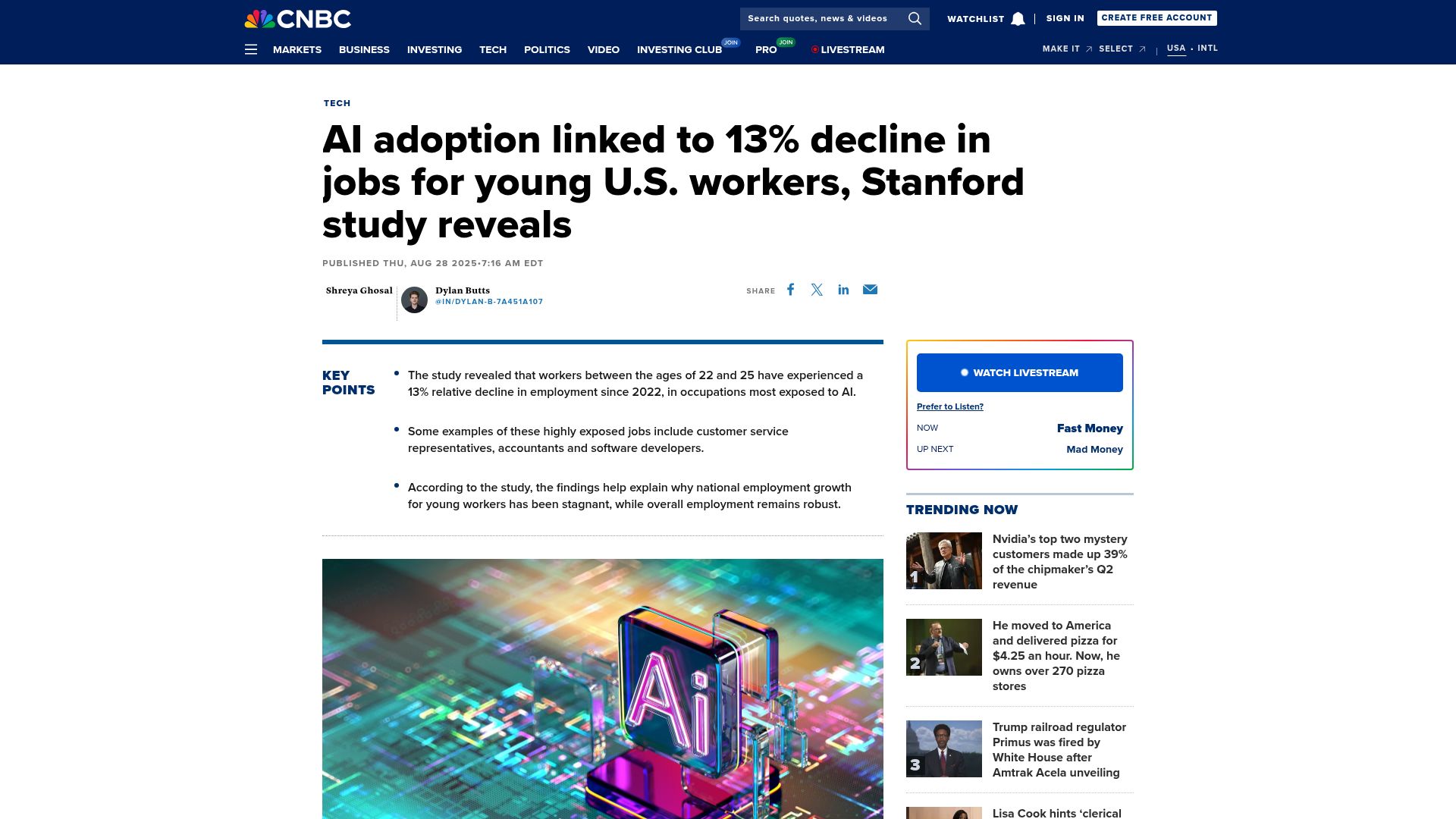 Screenshot of cnbc.com: AI adoption linked to 13% decline in jobs for young U.S. workers: study
