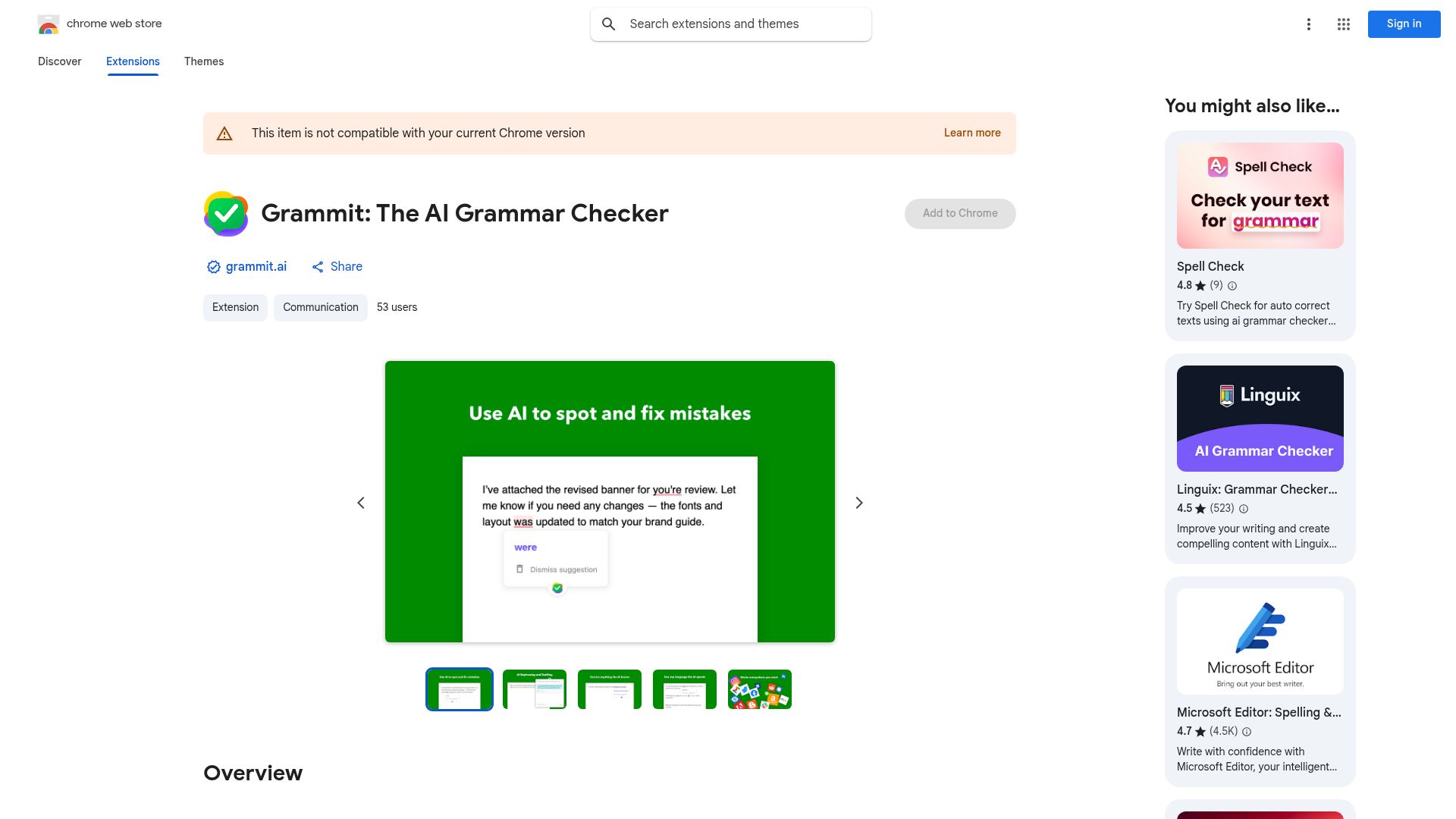 Screenshot of chromewebstore.google.com: Show HN: Grammit – Local-only AI grammar checker (Chrome extension)
