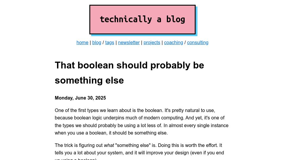 Screenshot of ntietz.com: That boolean should probably be something else