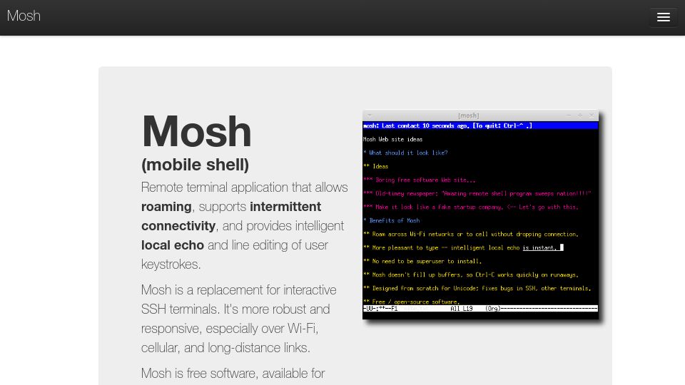 Screenshot of mosh.org: Mosh Mobile Shell
