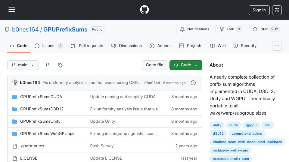 Screenshot of github.com: GPU Prefix Sums: A nearly complete collection