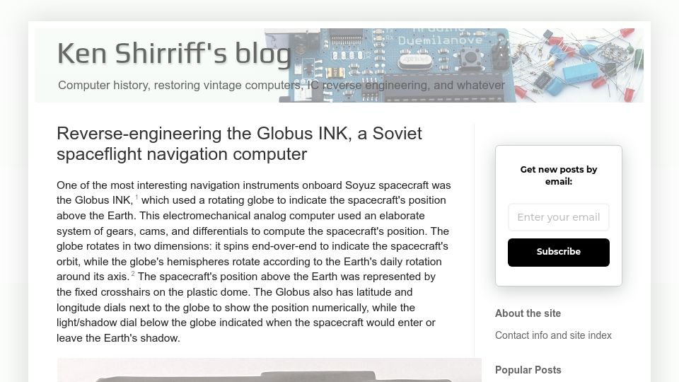 Screenshot of righto.com: Reverse-engineering the Globus INK, a Soviet spaceflight navigation computer (2023)