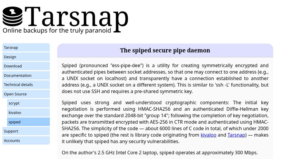 Screenshot of tarsnap.com: Spiped – secure pipe for SSH, SMTP, etc.