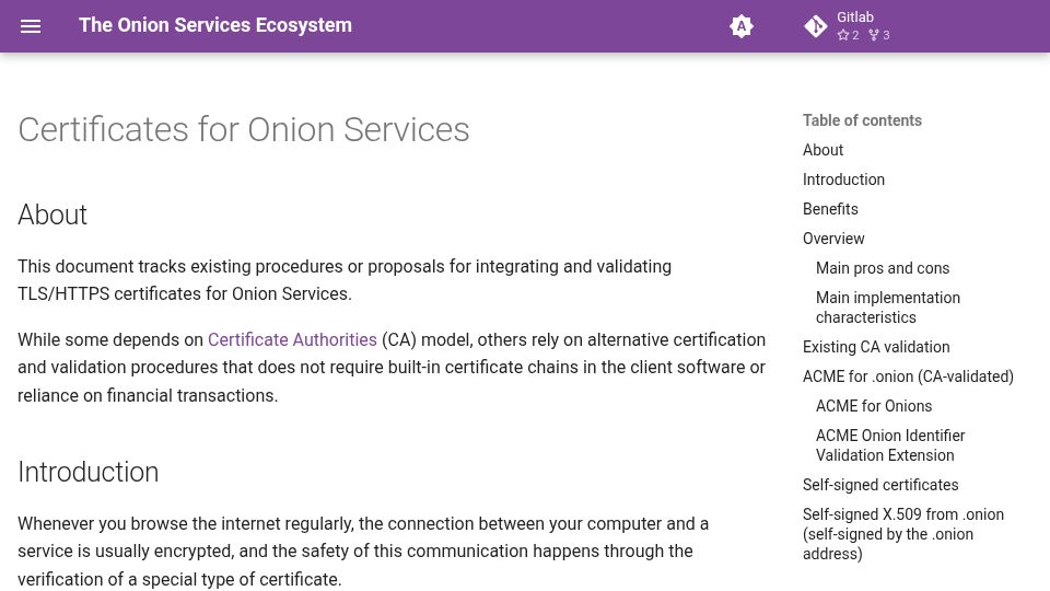 Screenshot of onionservices.torproject.org: Certificates for Onion Services