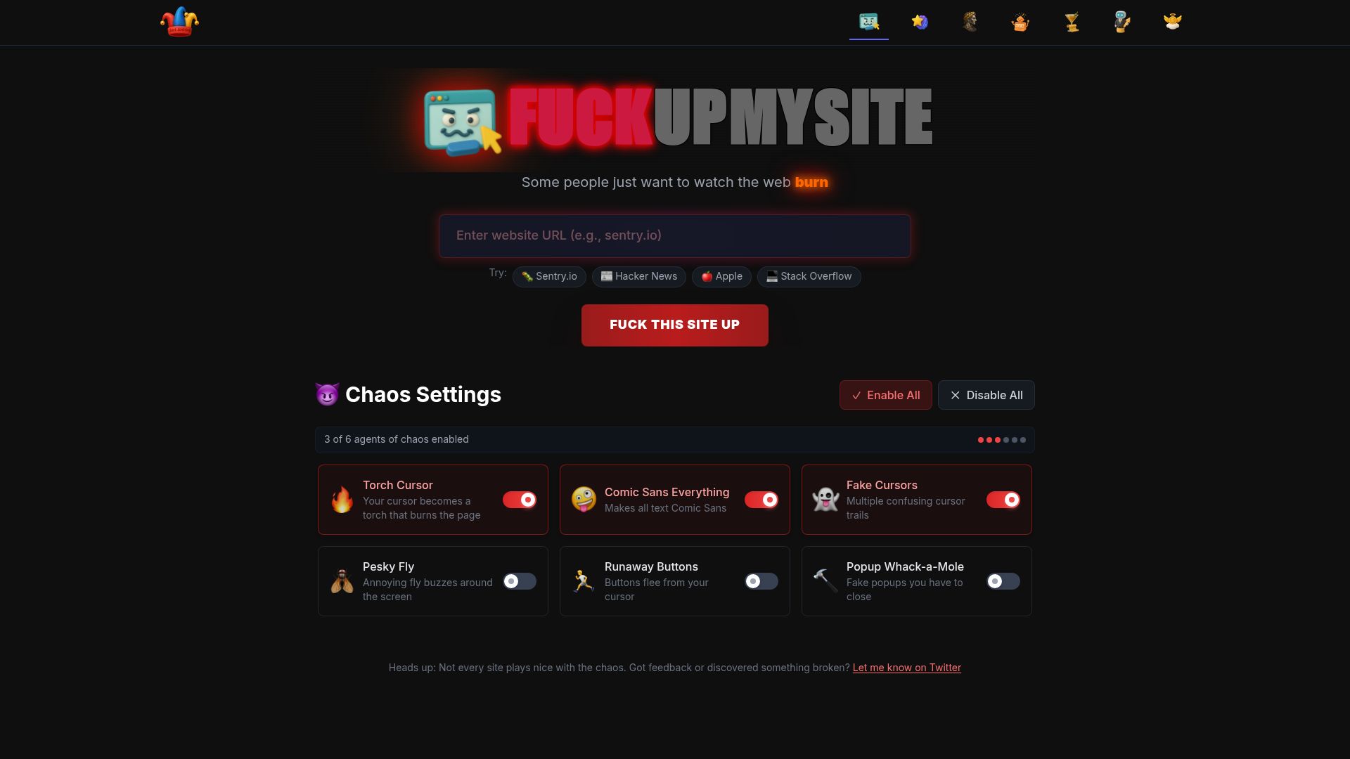 Screenshot of fuckupmysite.com: Fuck up my site – Turn any website into beautiful chaos