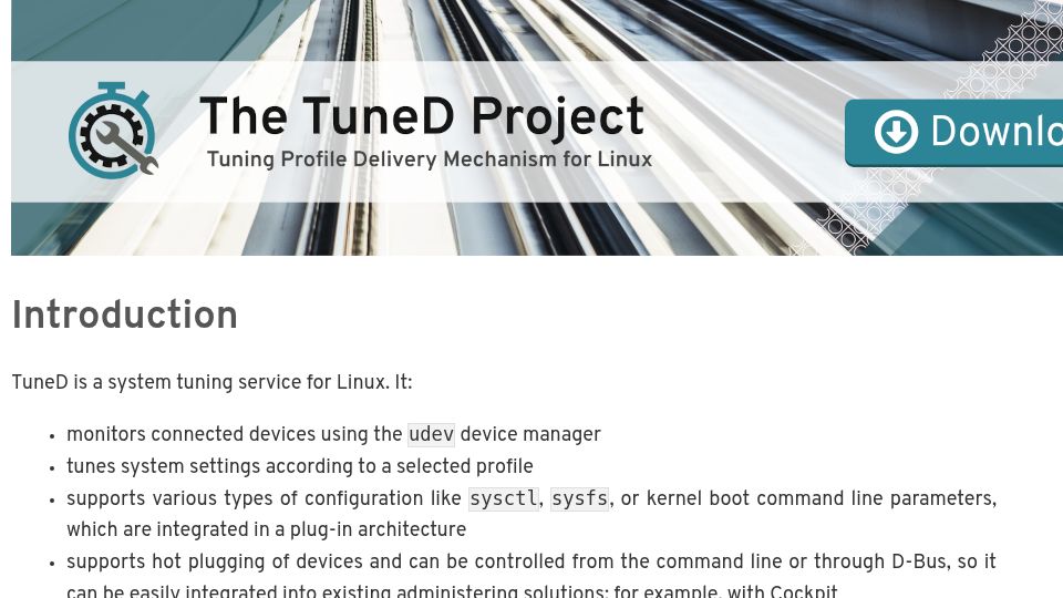 Screenshot of tuned-project.org: TuneD is a system tuning service for Linux