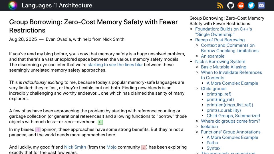 Screenshot of verdagon.dev: Group Borrowing: Zero-cost memory safety with fewer restrictions