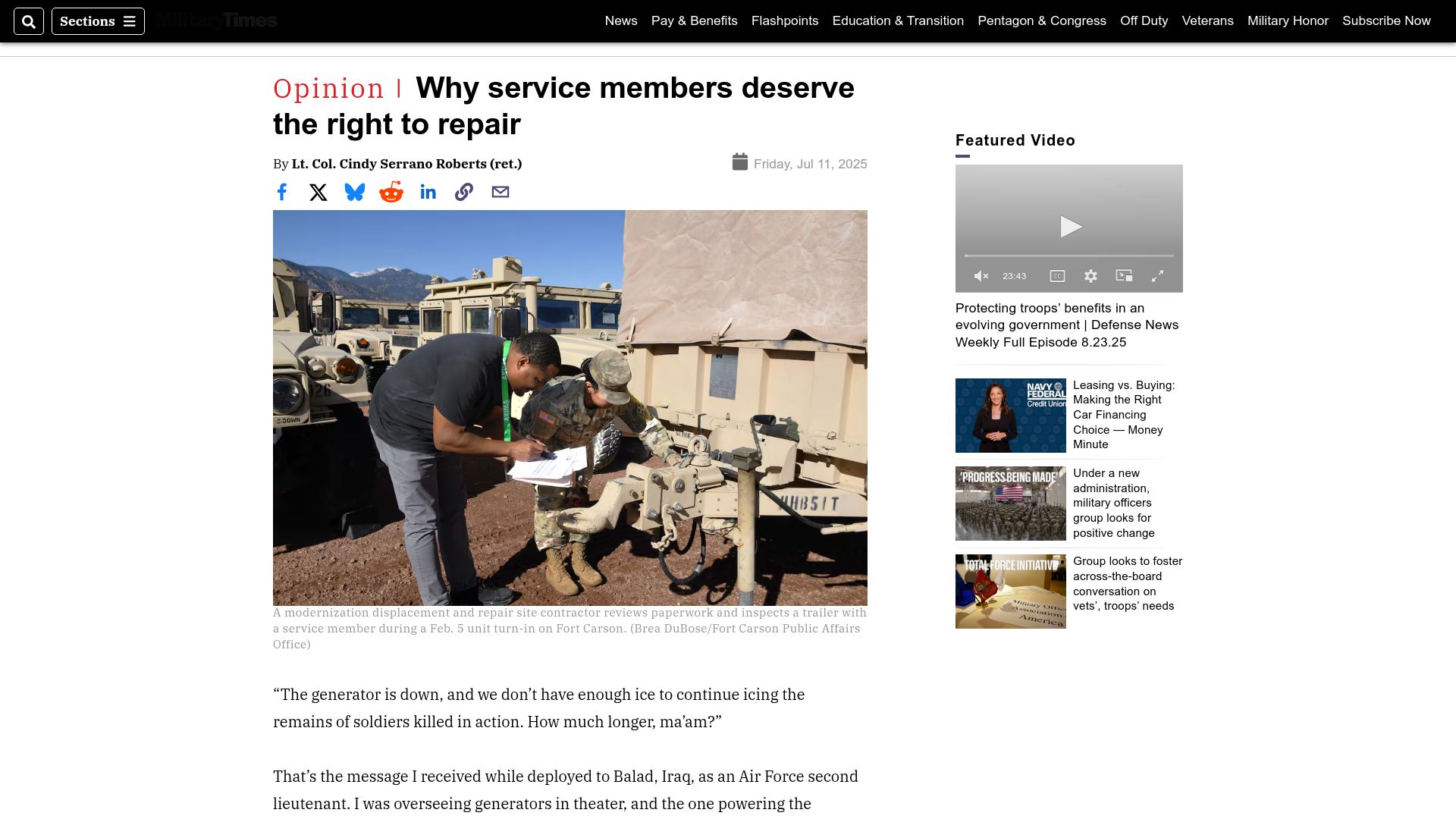 Screenshot of militarytimes.com: Service members deserve the right to repair