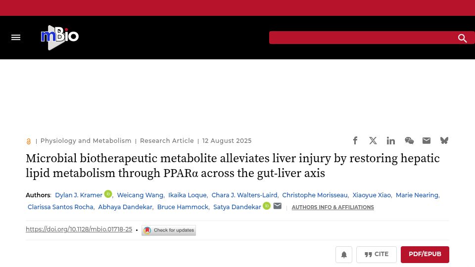 Screenshot of journals.asm.org: Microbial metabolite repairs liver injury by restoring hepatic lipid metabolism