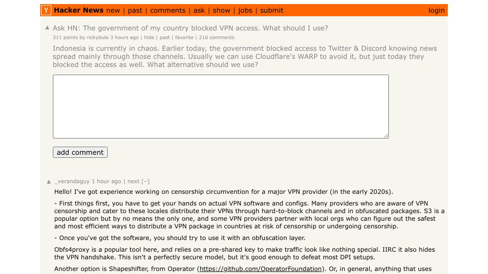 Screenshot of Hacker News post: Ask HN: The government of my country blocked VPN access. What should I use?