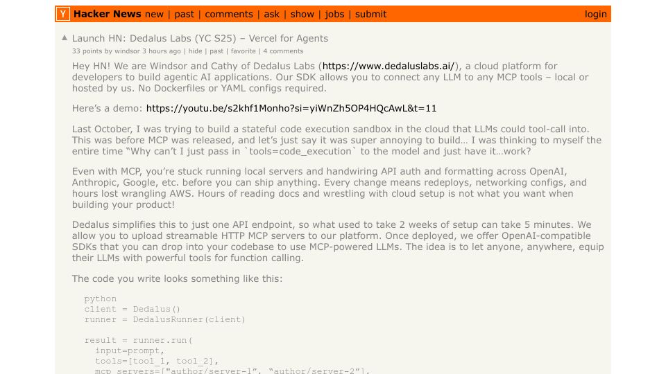 Screenshot of Hacker News post: Launch HN: Dedalus Labs (YC S25) – Vercel for Agents