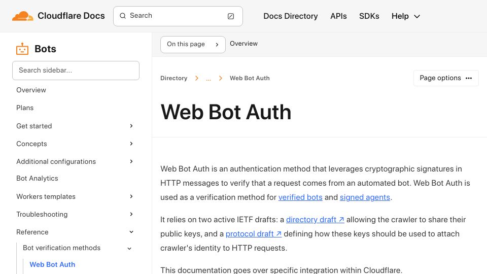 Screenshot of developers.cloudflare.com: Web Bot Auth