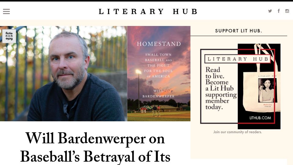 Screenshot of lithub.com: Will Bardenwerper on Baseball's Betrayal of Its Minor League Roots