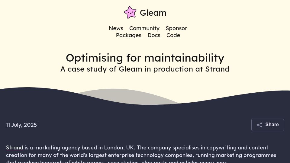 Screenshot of gleam.run: Optimising for maintainability – Gleam in production at Strand
