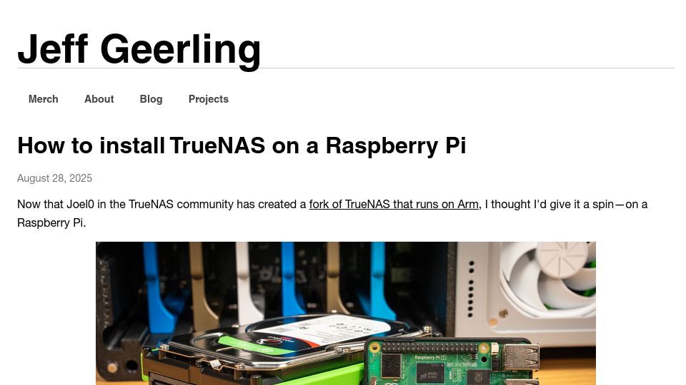 Screenshot of jeffgeerling.com: How to install TrueNAS on a Raspberry Pi