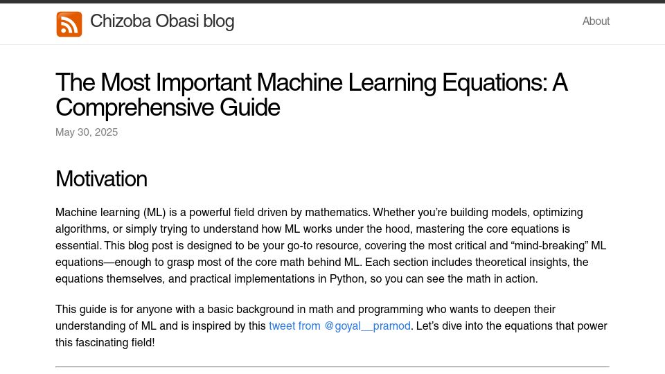 Screenshot of chizkidd.github.io: Important machine learning equations