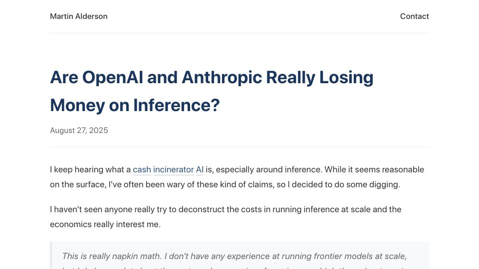 Screenshot of martinalderson.com: Are OpenAI and Anthropic losing money on inference?