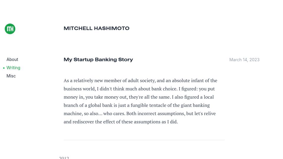 Screenshot of mitchellh.com: My startup banking story (2023)