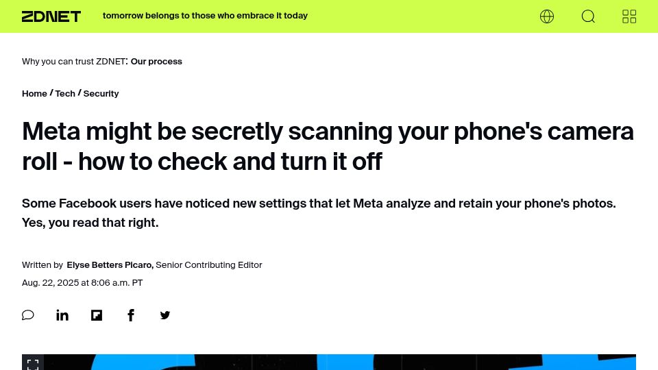 Screenshot of zdnet.com: Some users have noticed settings that let Meta analyze and retain phone photos