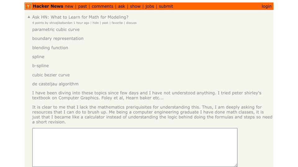 Screenshot of Hacker News post: Ask HN: What to learn for math for modeling?