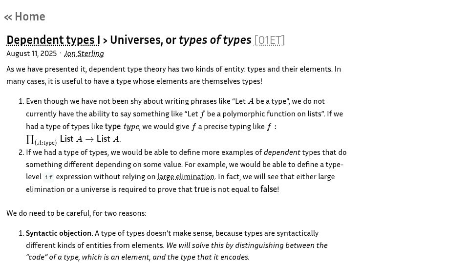 Screenshot of jonmsterling.com: Dependent Types: Universes, or types of types