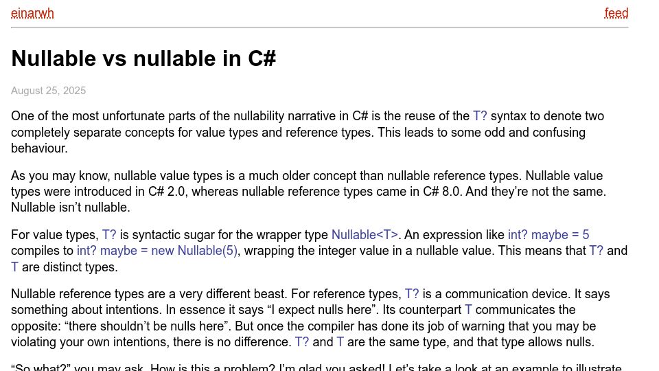 Screenshot of einarwh.no: Nullable vs. Nullable in C#
