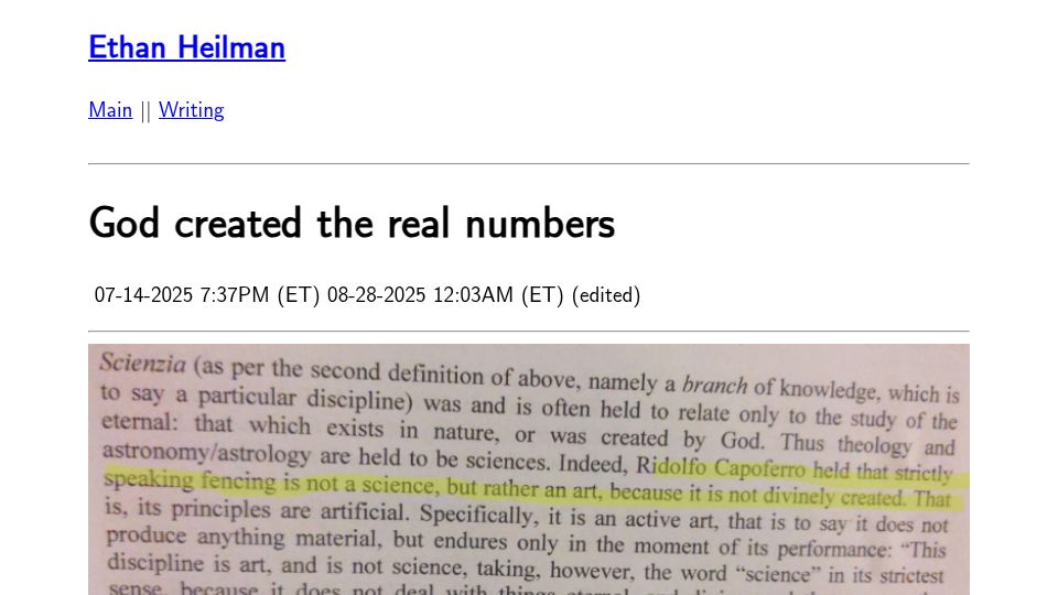 Screenshot of ethanheilman.com: God created the real numbers